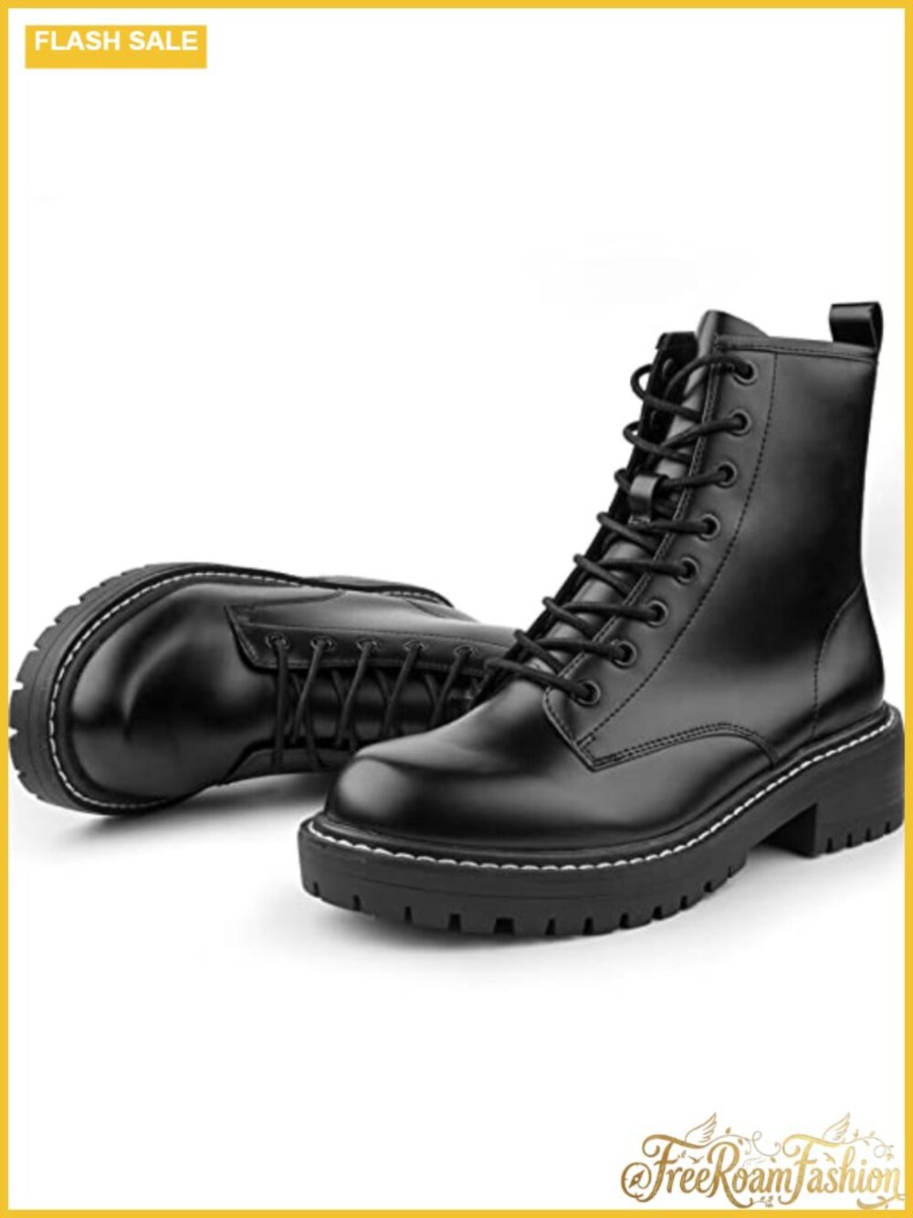 Women's Faux Leather Ankle Combat Boots 8-Eye Lace-Up Side Zipper